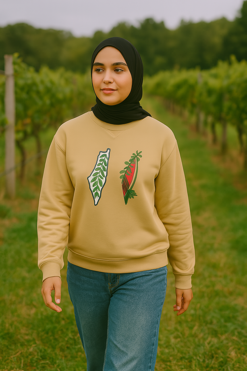Islamic design Crew Neck Sweater Palestine Olive and Watermelon (Embroidered)